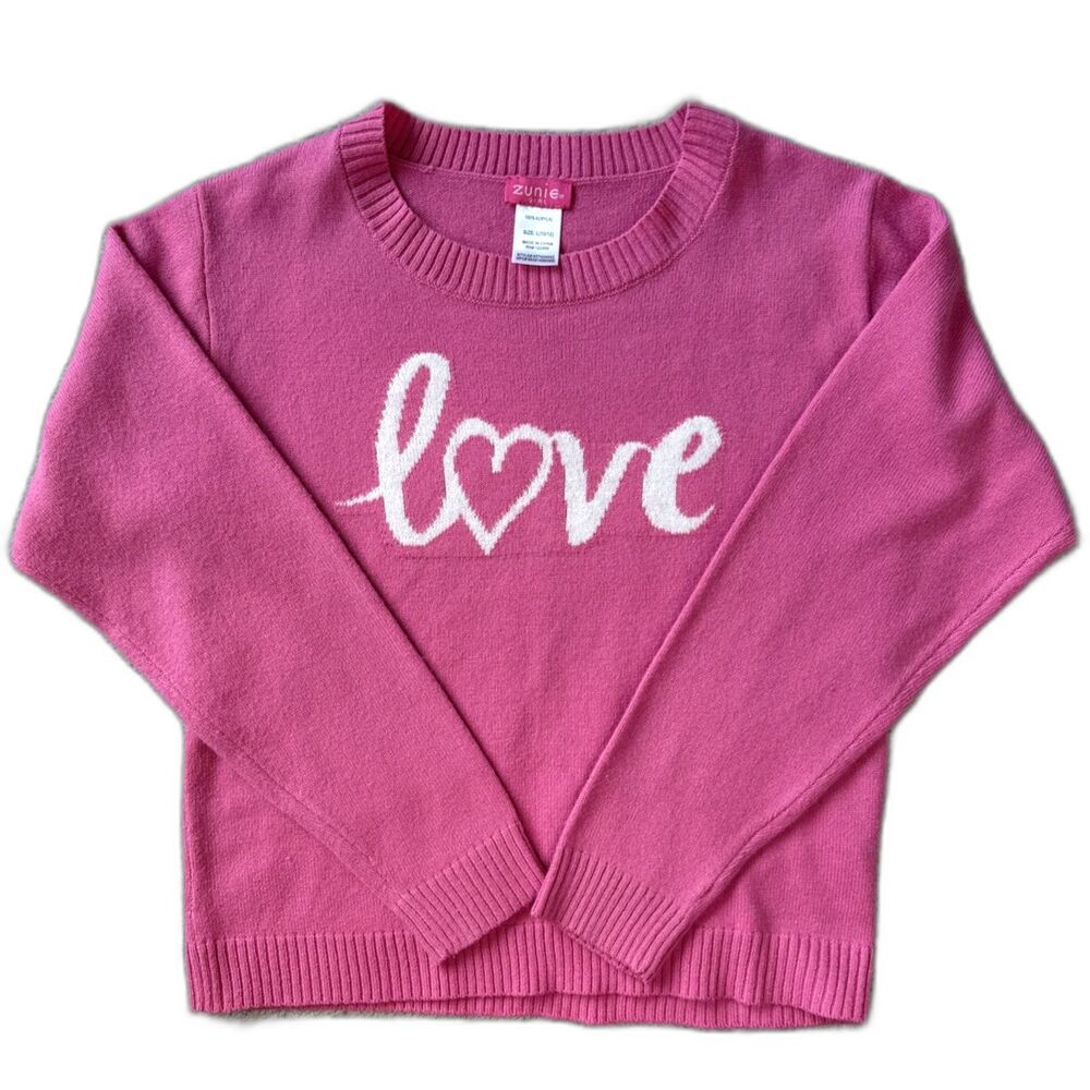 Zunie Girls Love Valentine's Day Sweater L 10/12 Pink Heart Aesthetic Knit